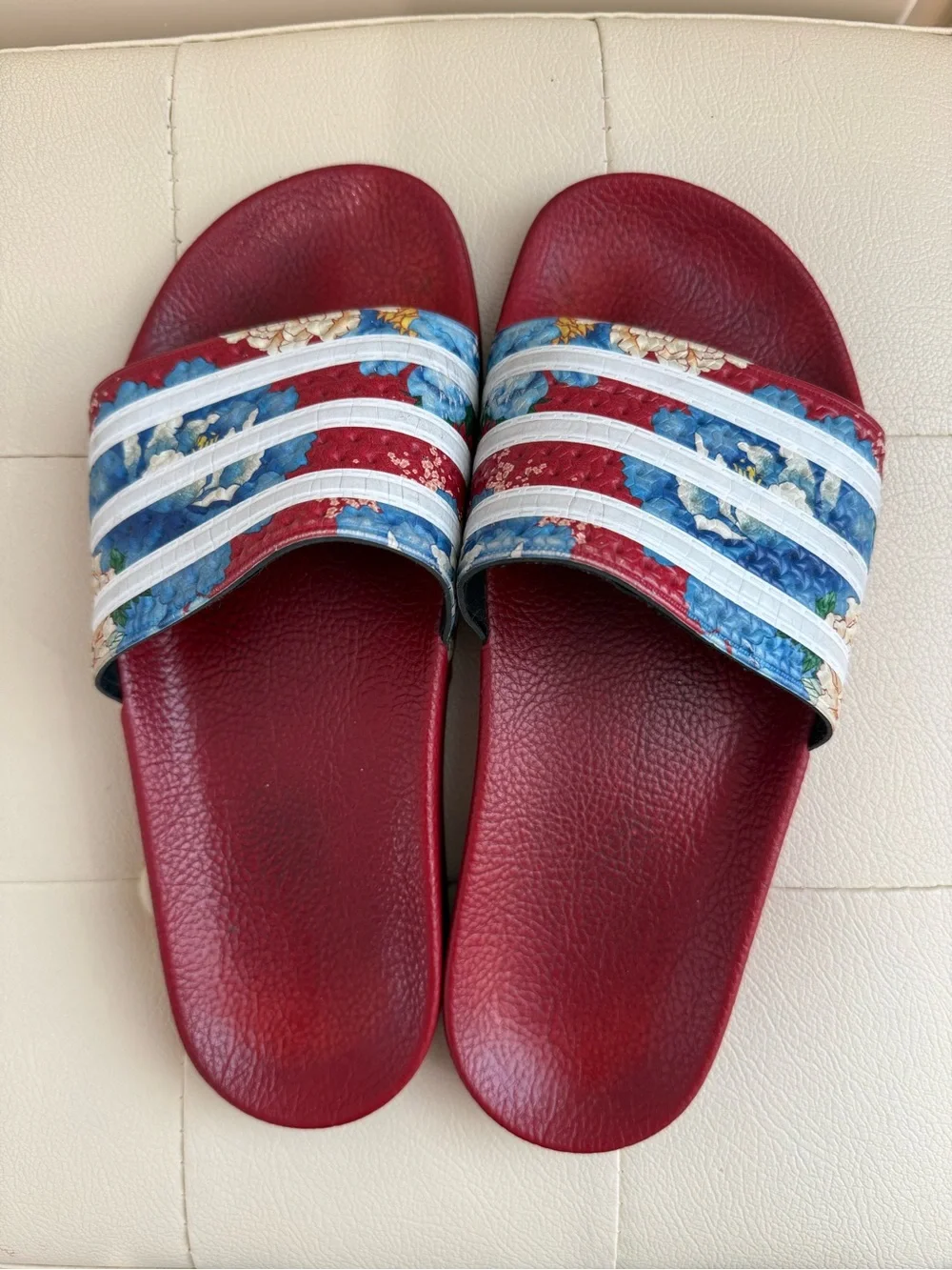 ADIDAS X THE FARM ADILETTE FLORAL STRIPED SLIDE SANDAL, RED